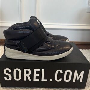 Sorel Out N About Black Puffer Sneaker Boot with White Sole